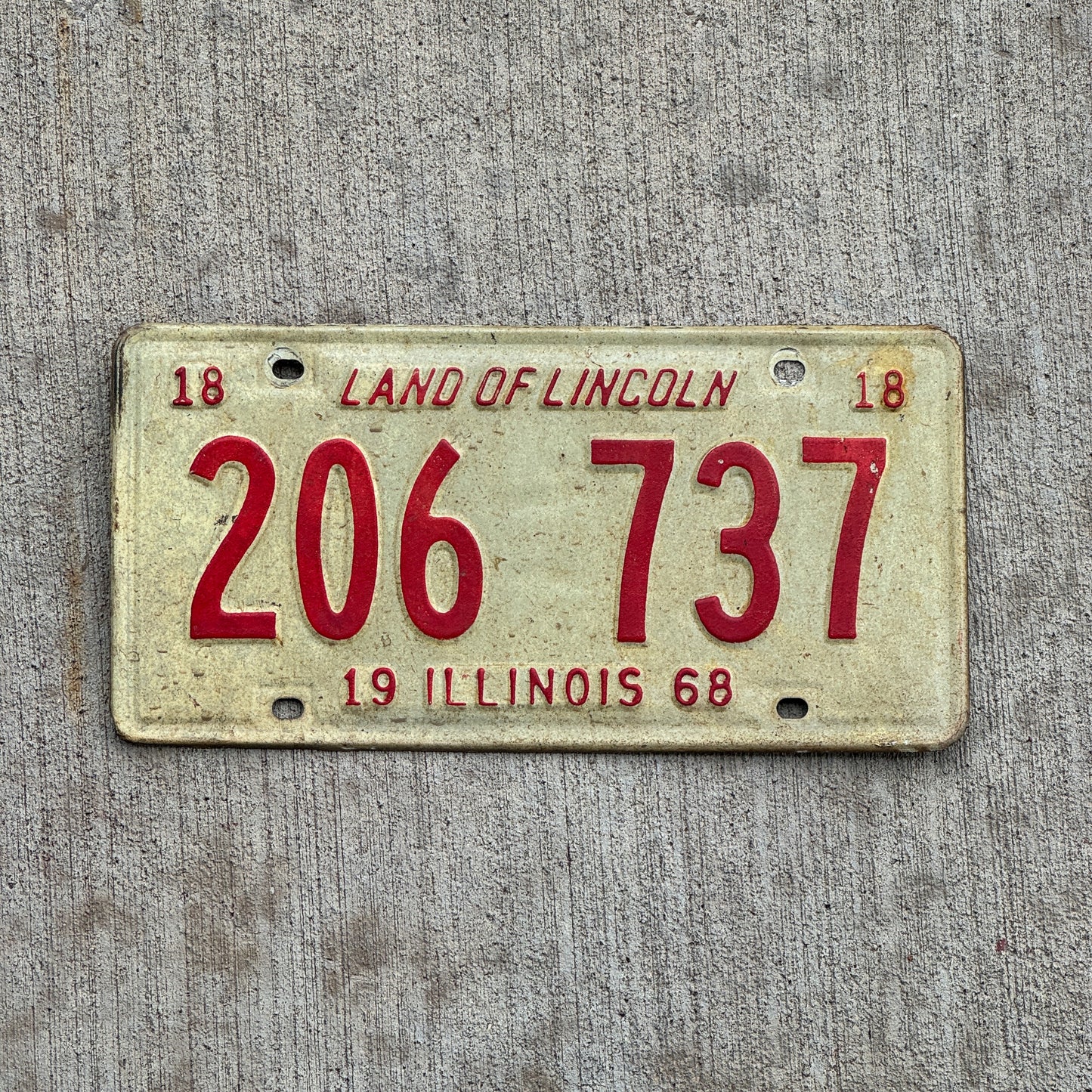 Photo of a 1968 Illinois License Plate Auto Tag 2 Vintage Garage 206 737 with original patina