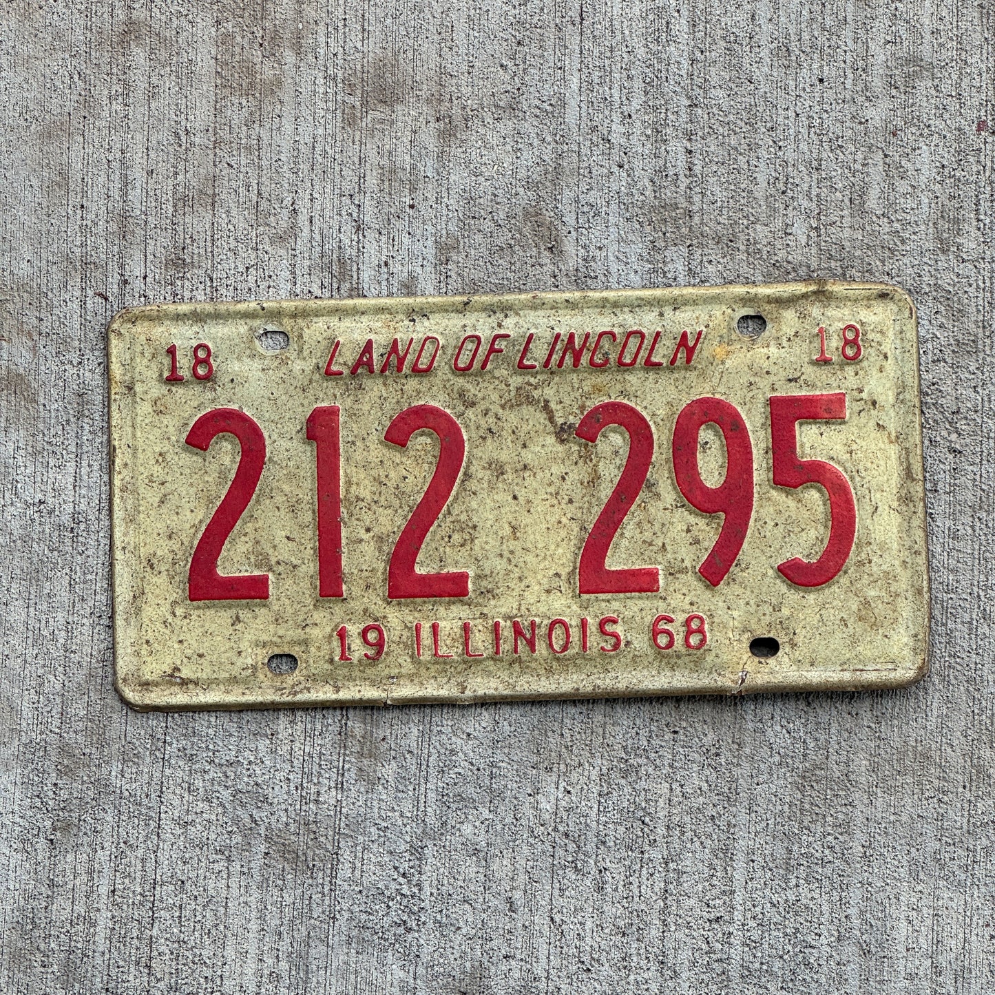 Photo of a 1968 Illinois License Plate Auto Tag 2 Vintage Garage 212 295 with original patina