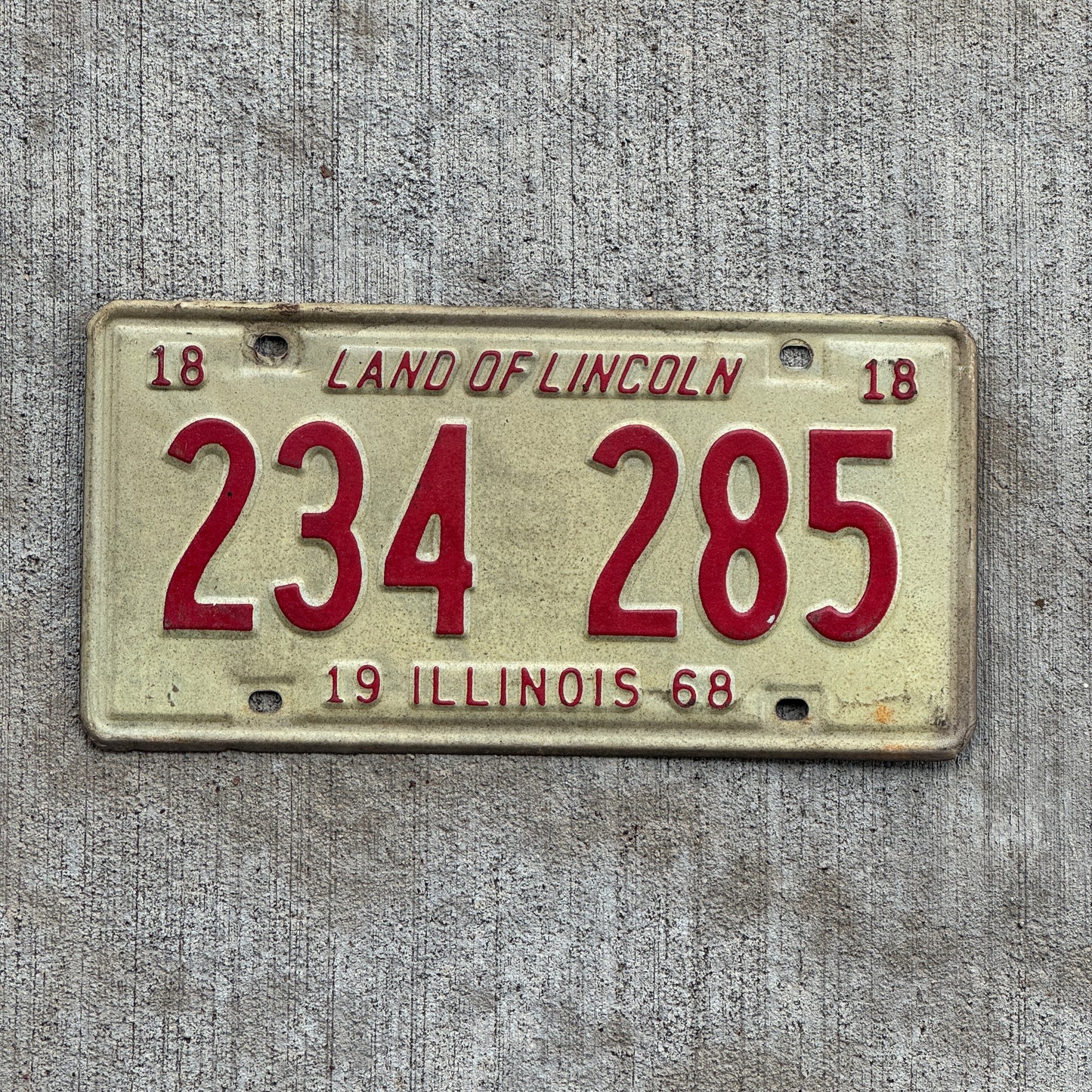 Photo of a 1968 Illinois License Plate Auto Tag 2 Vintage Garage 234 285 with original patina