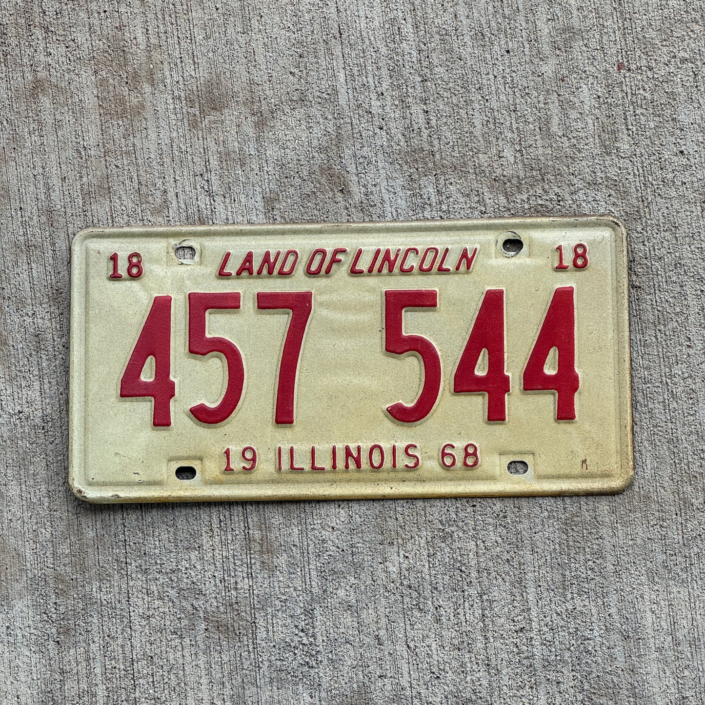 Photo of a 1968 Illinois License Plate Auto Tag 2 Vintage Garage 457 544 with original patina