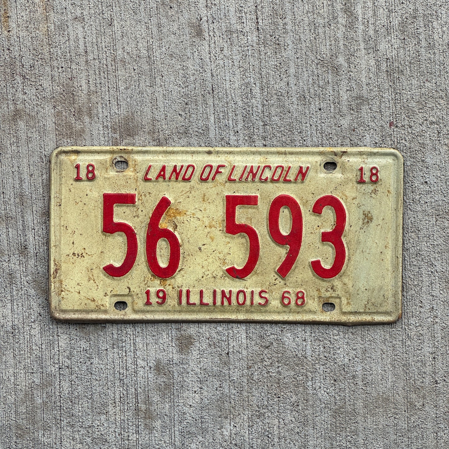 Photo of a 1968 Illinois License Plate Auto Tag 2 Vintage Garage 56 593 with original patina