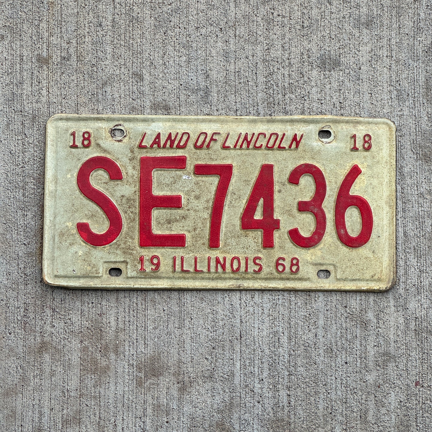 Photo of a 1968 Illinois License Plate Auto Tag 2 Vintage Garage SE 7436 with original patina