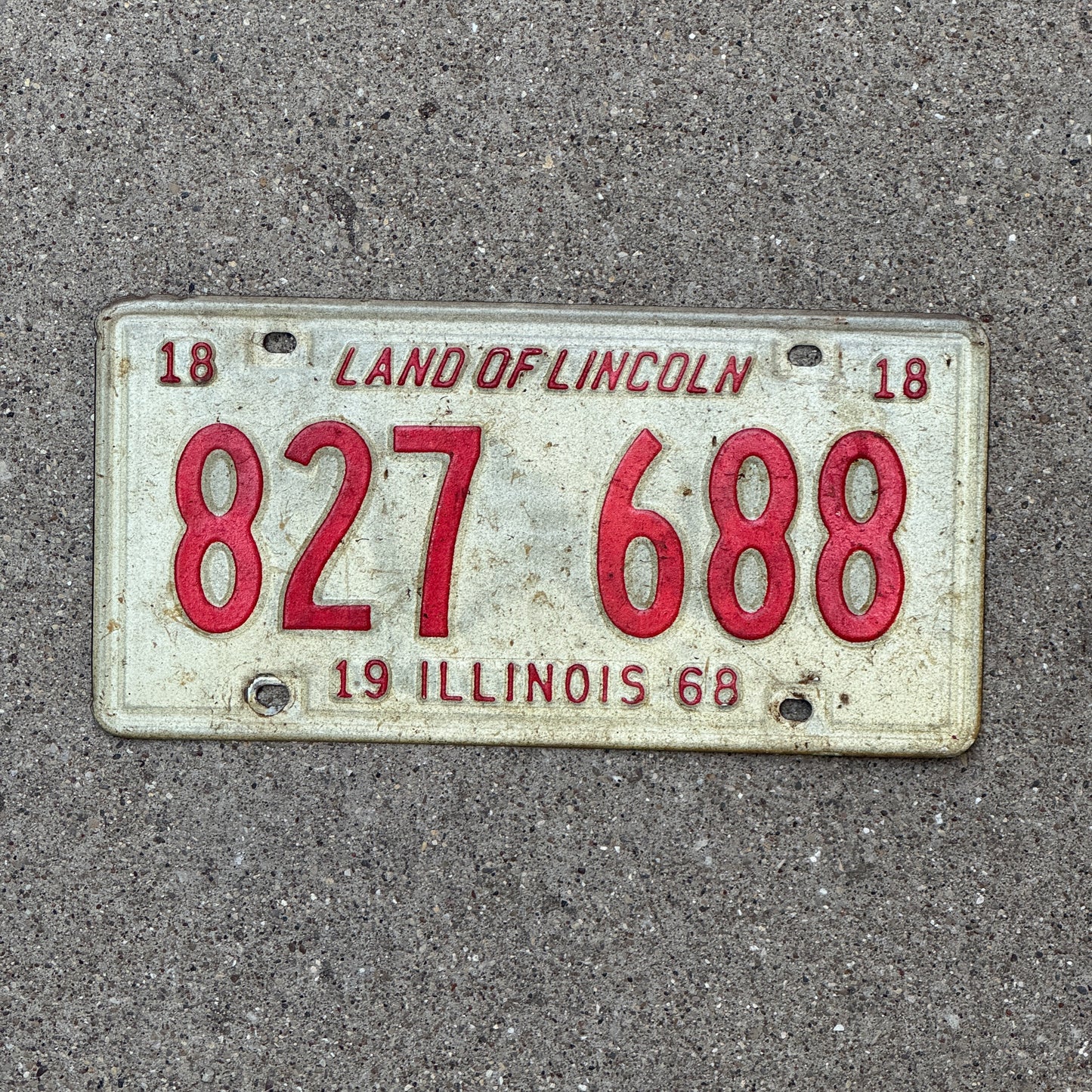 Photo of a 1968 Illinois License Plate Auto Tag Garage Decor Vintage 827 688 with original patina