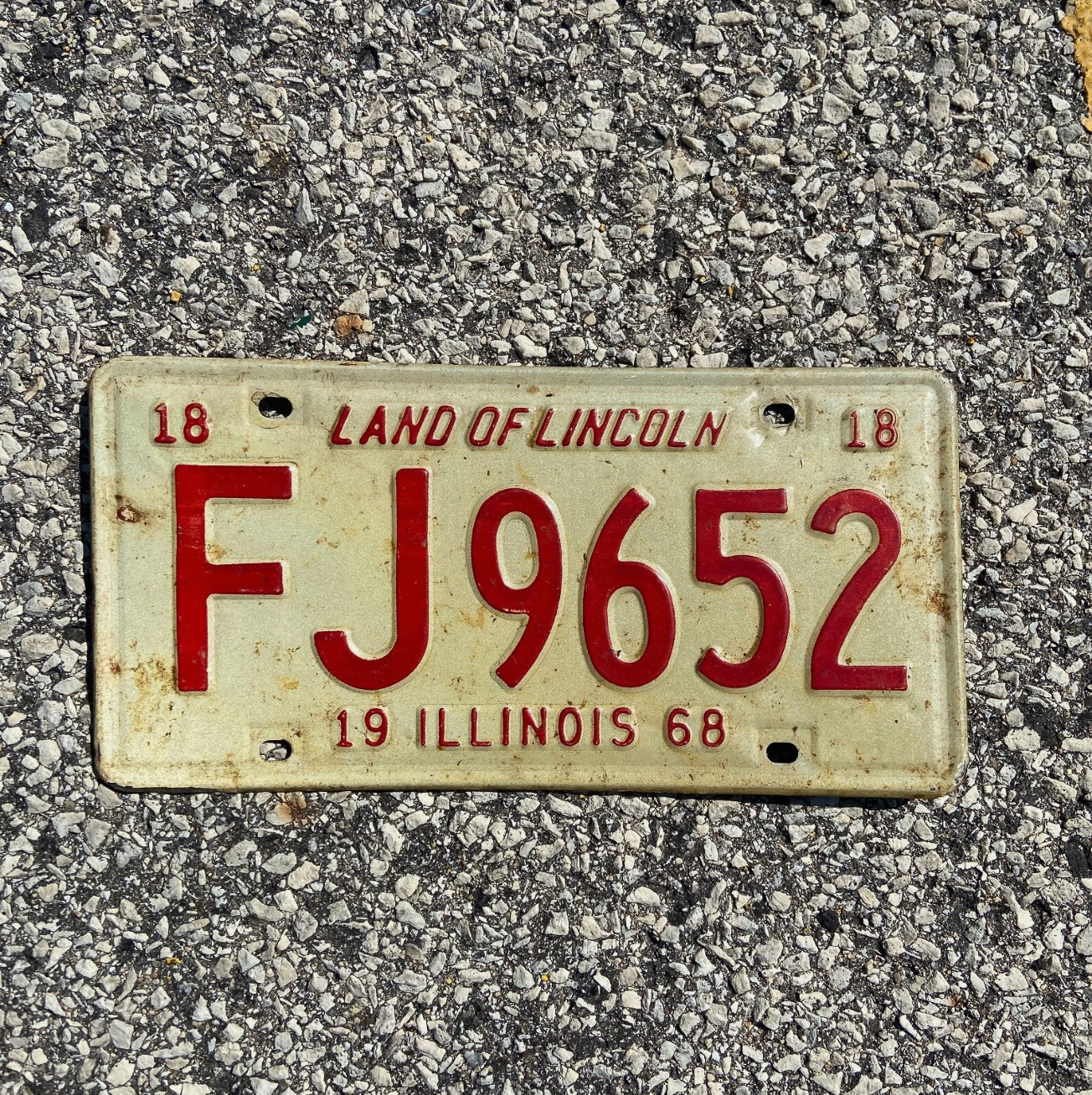 Photo of a 1968 Illinois License Plate Auto Tag Garage Decor Vintage Initials Name FJ 9652