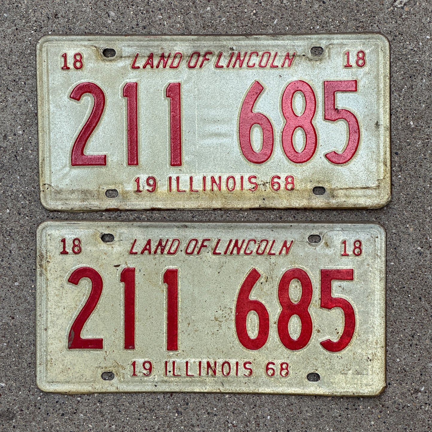 Photo of a 1968 Illinois License Plate Pair Auto Tag Garage Decor Vintage 211 685 with original patina
