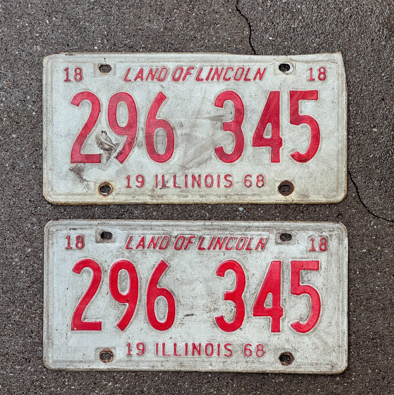 Photo of a 1968 Illinois License Plate Pair Auto Tag Garage Decor Vintage 296 345