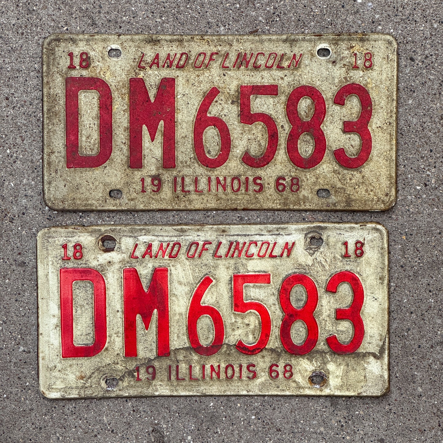 Photo of a 1968 Illinois License Plate Pair Auto Tag Garage Decor Vintage DM 6583 with original patina