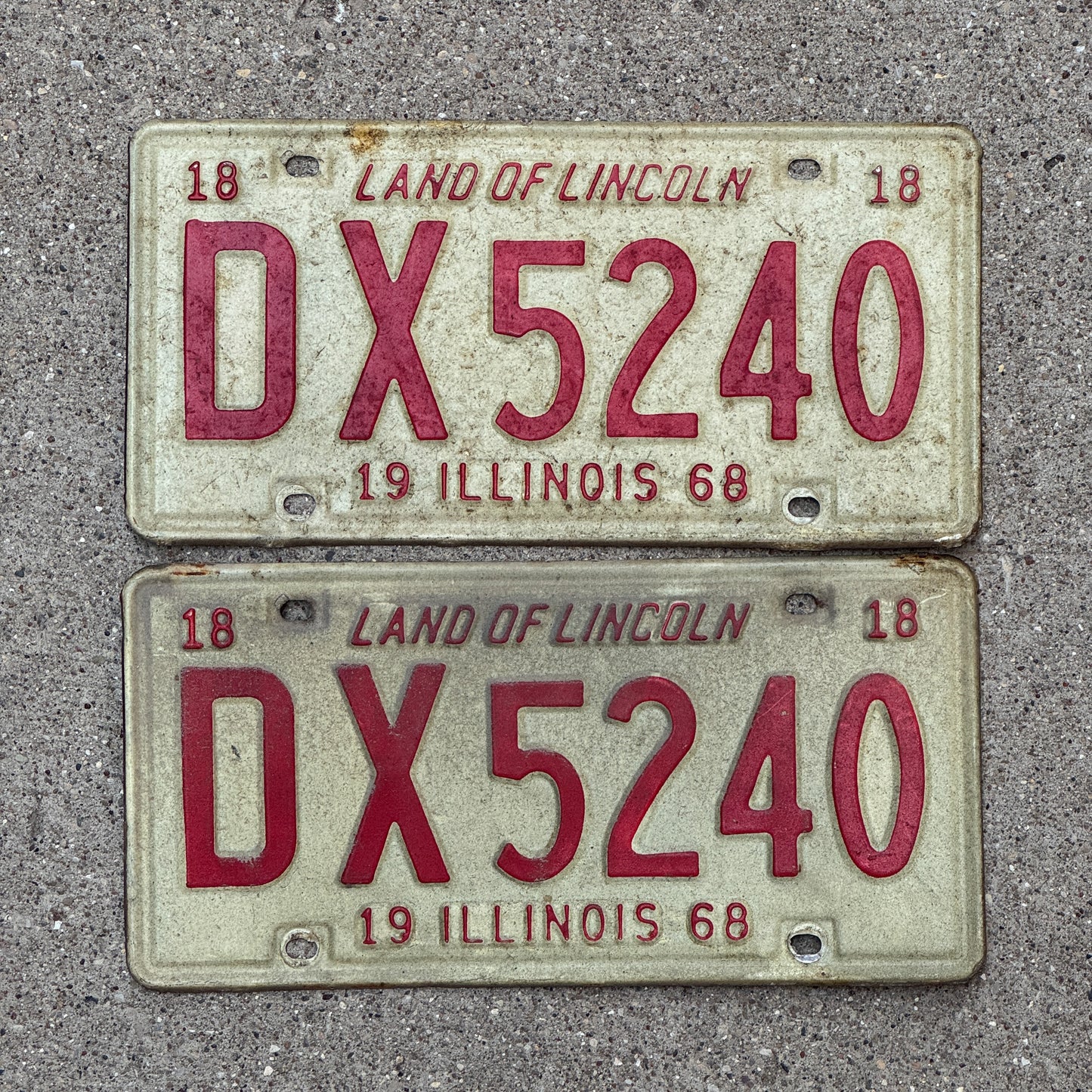 Photo of a 1968 Illinois License Plate Pair Auto Tag Garage Decor Vintage DX 5240 with original patina