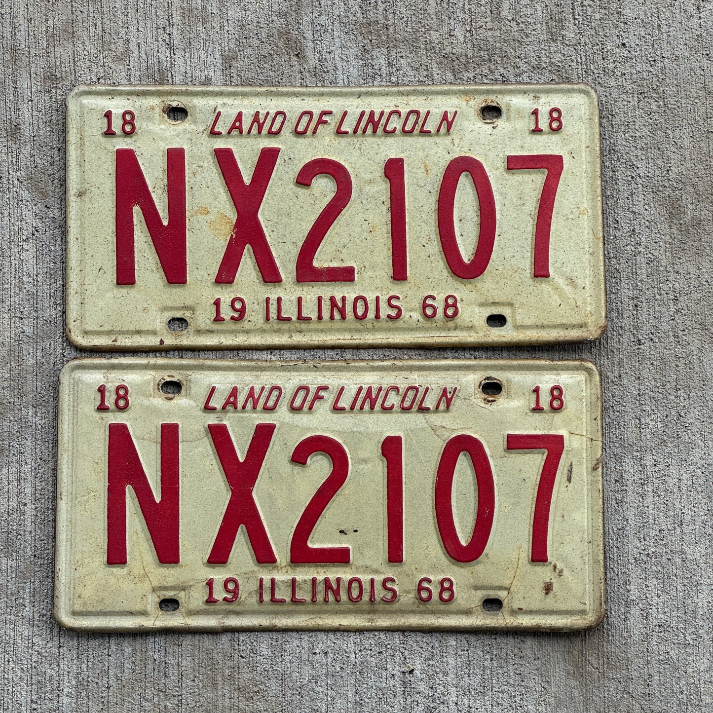 Photo of a 1968 Illinois License Plate Pair Auto Tag Garage Decor Vintage NX 2107 with original patina