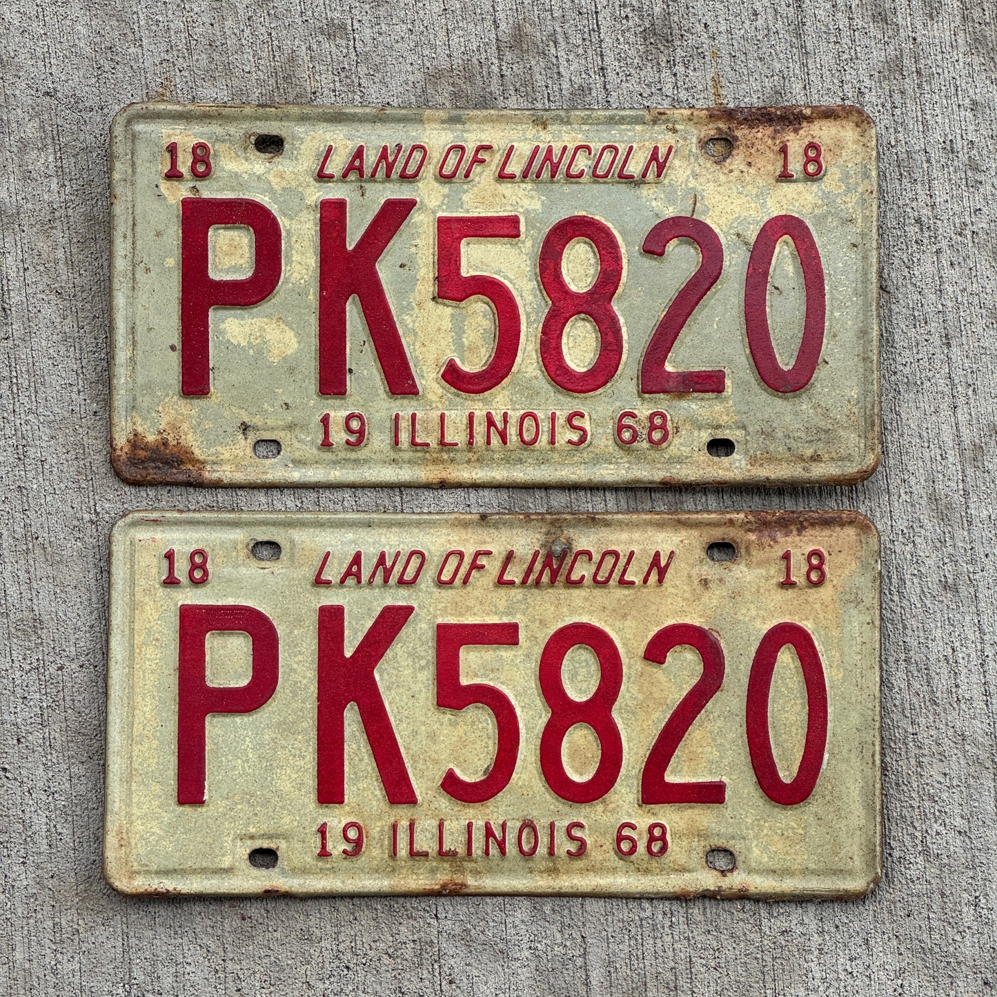 Photo of a 1968 Illinois License Plate Pair Auto Tag Garage Decor Vintage PK 5820 with original patina