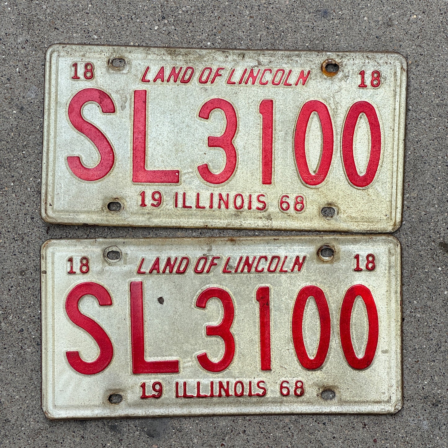 Photo of a 1968 Illinois License Plate Pair Auto Tag Garage Decor Vintage SL 3100 with original patina