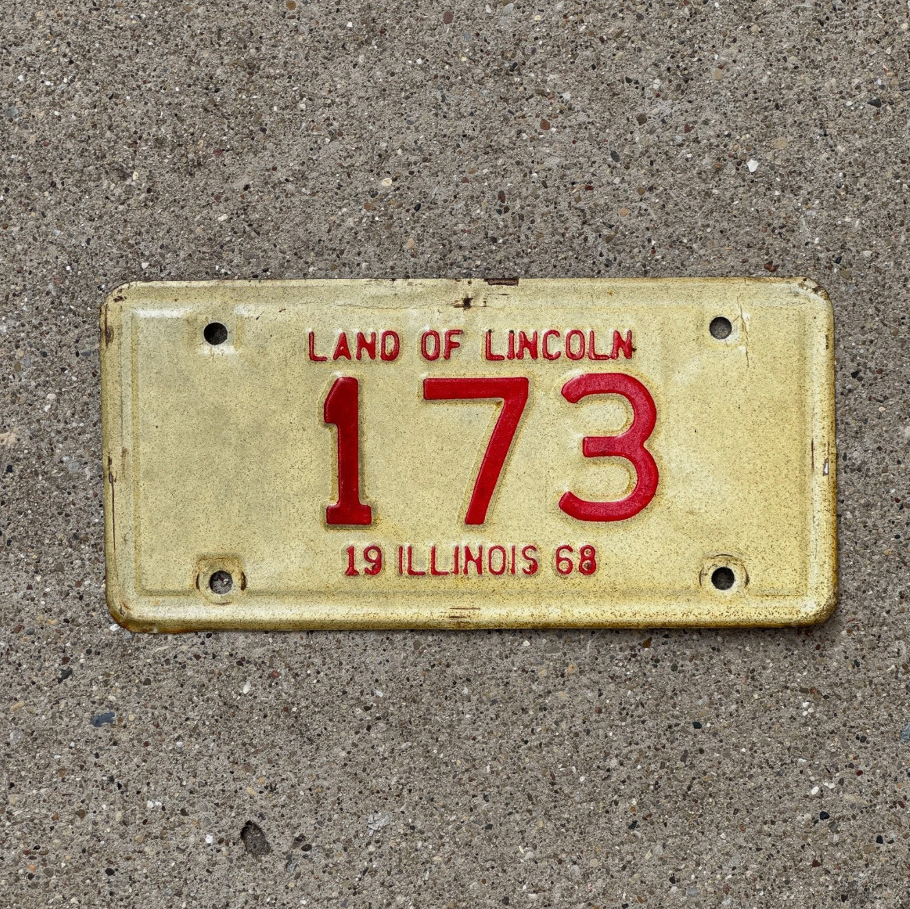 Photo of a 1968 Illinois Motorcycle License Plate Auto Tag Garage Decor Vintage Low Number Three Digit 173 with original patina