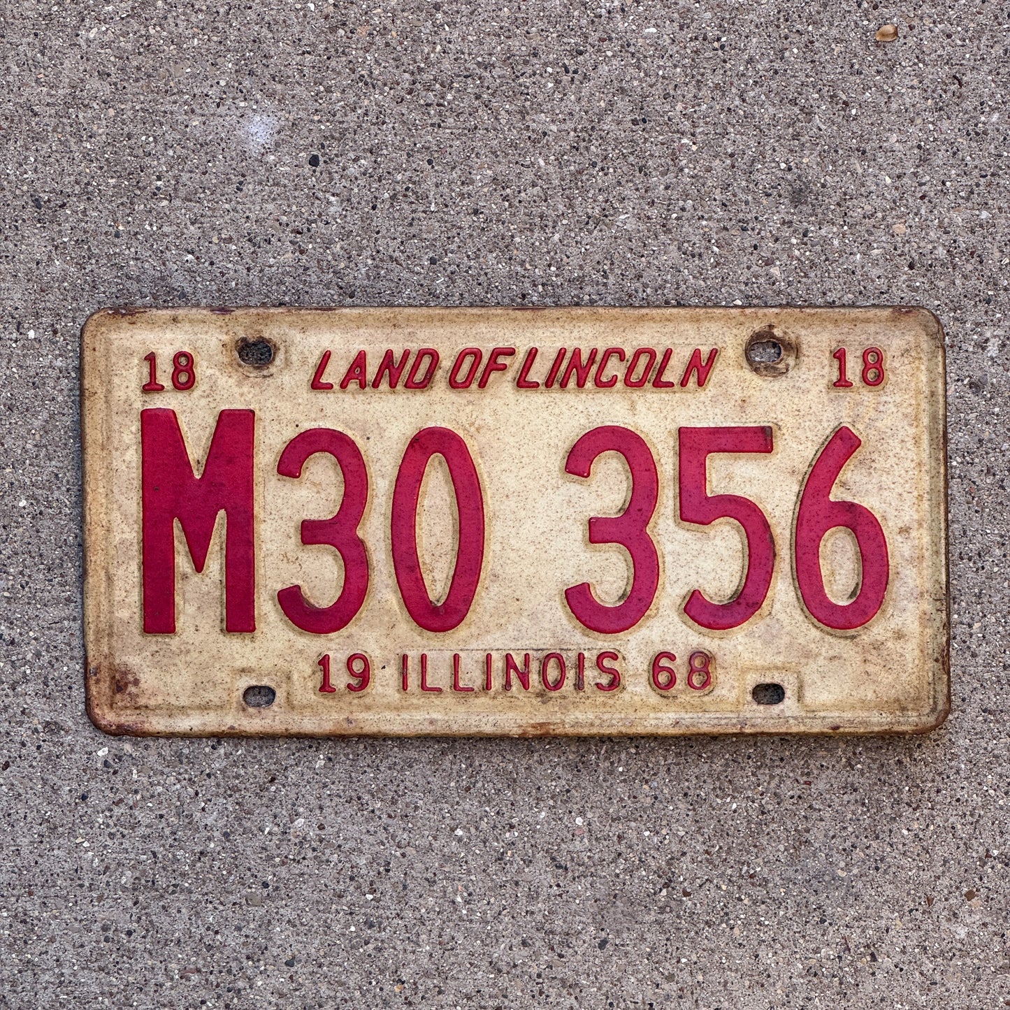 Photo of a 1968 Illinois Municipal License Plate Auto Tag 1 Vintage Garage M 30 356 with original patina
