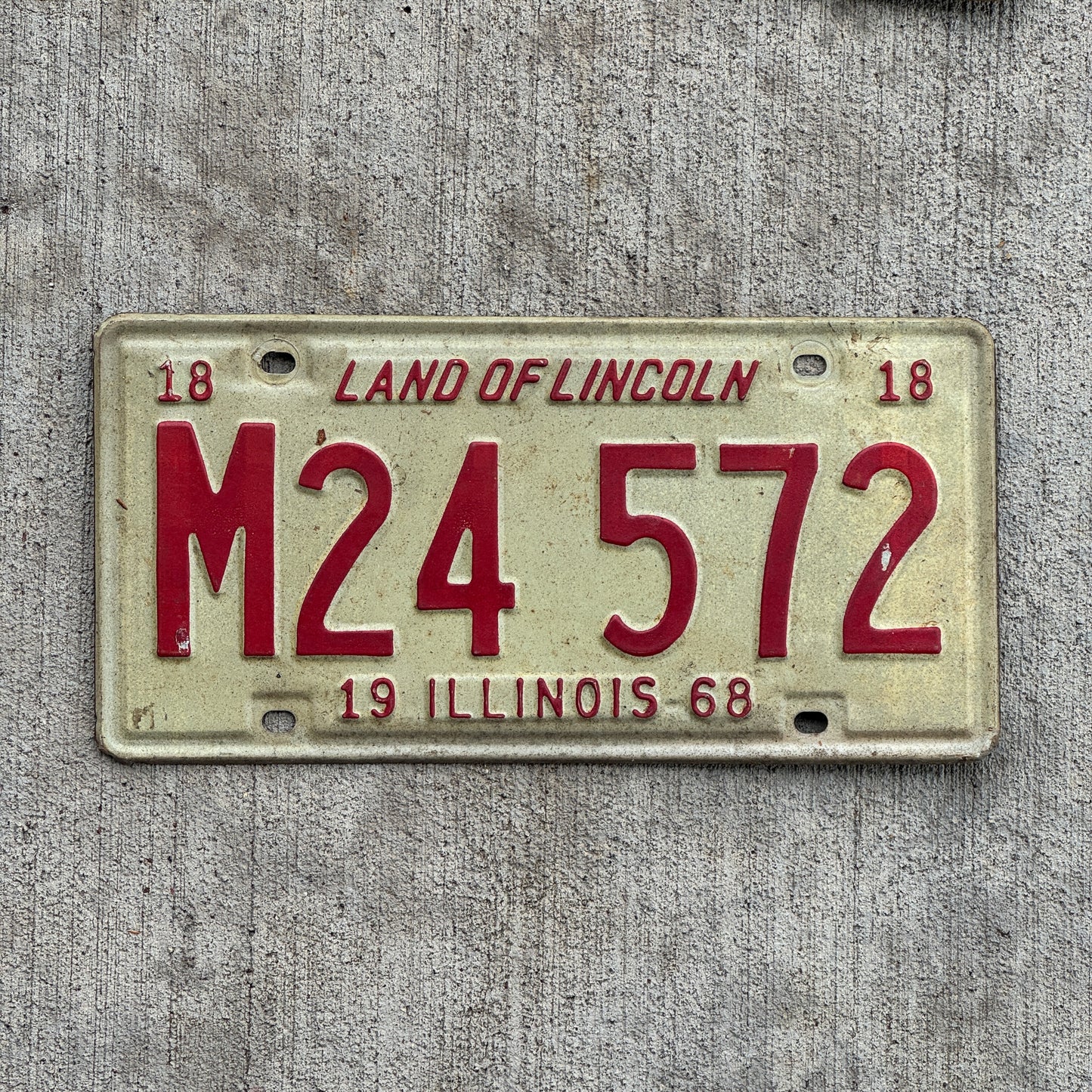 Photo of a 1968 Illinois Municipal License Plate Auto Tag 2 Vintage Garage M 24 572 with original patina