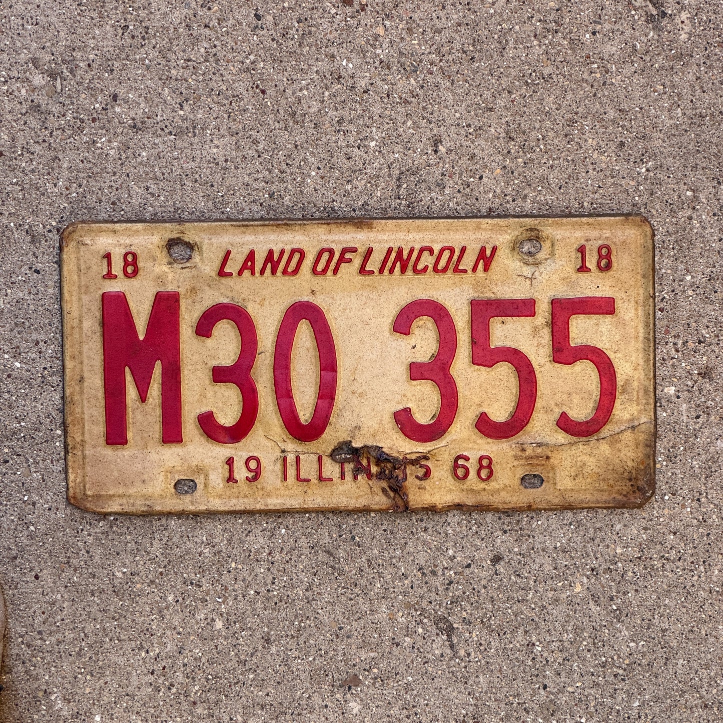 Photo of a 1968 Illinois Municipal License Plate Auto Tag 2 Vintage Garage M 30 355 with original patina