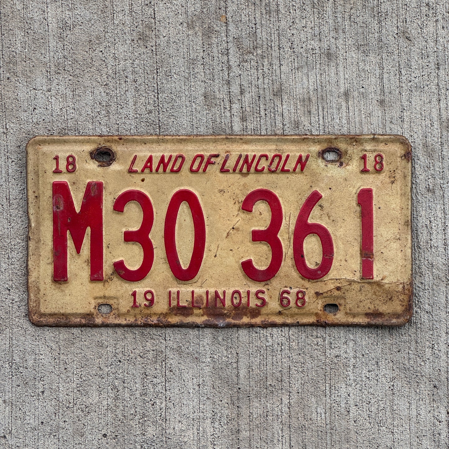 Photo of a 1968 Illinois Municipal License Plate Auto Tag 2 Vintage Garage M 30 361 with original patina