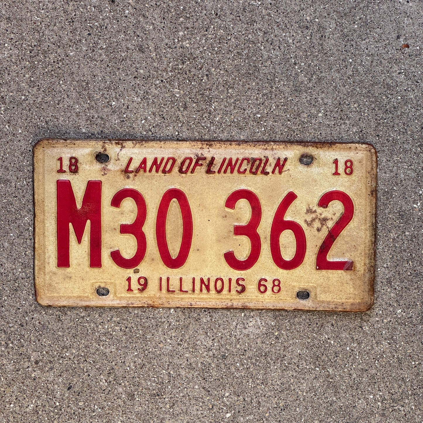 Photo of a 1968 Illinois Municipal License Plate Auto Tag 2 Vintage Garage M 30 362 with original patina