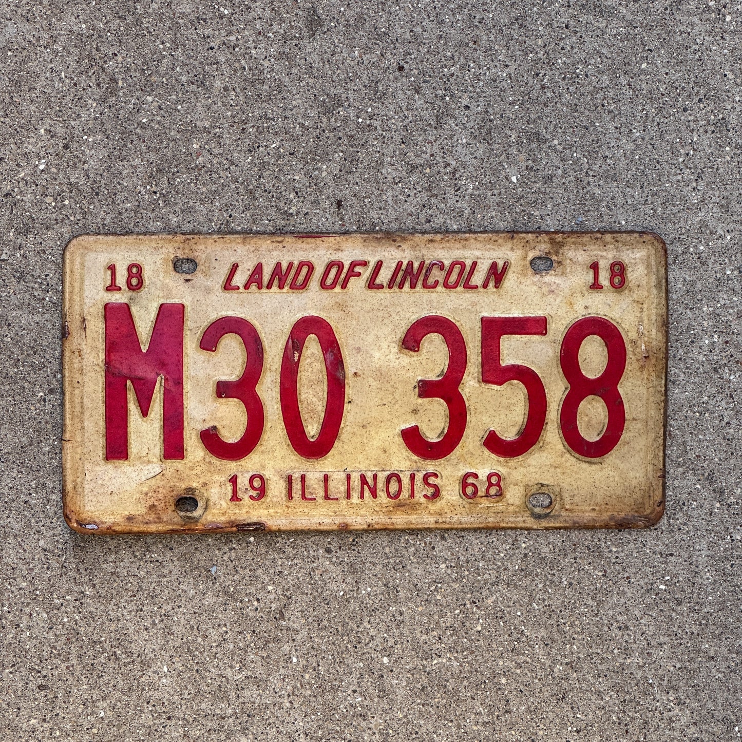 Photo of a 1968 Illinois Municipal License Plate Auto Tag Garage Decor Vintage M 30 358 with original patina