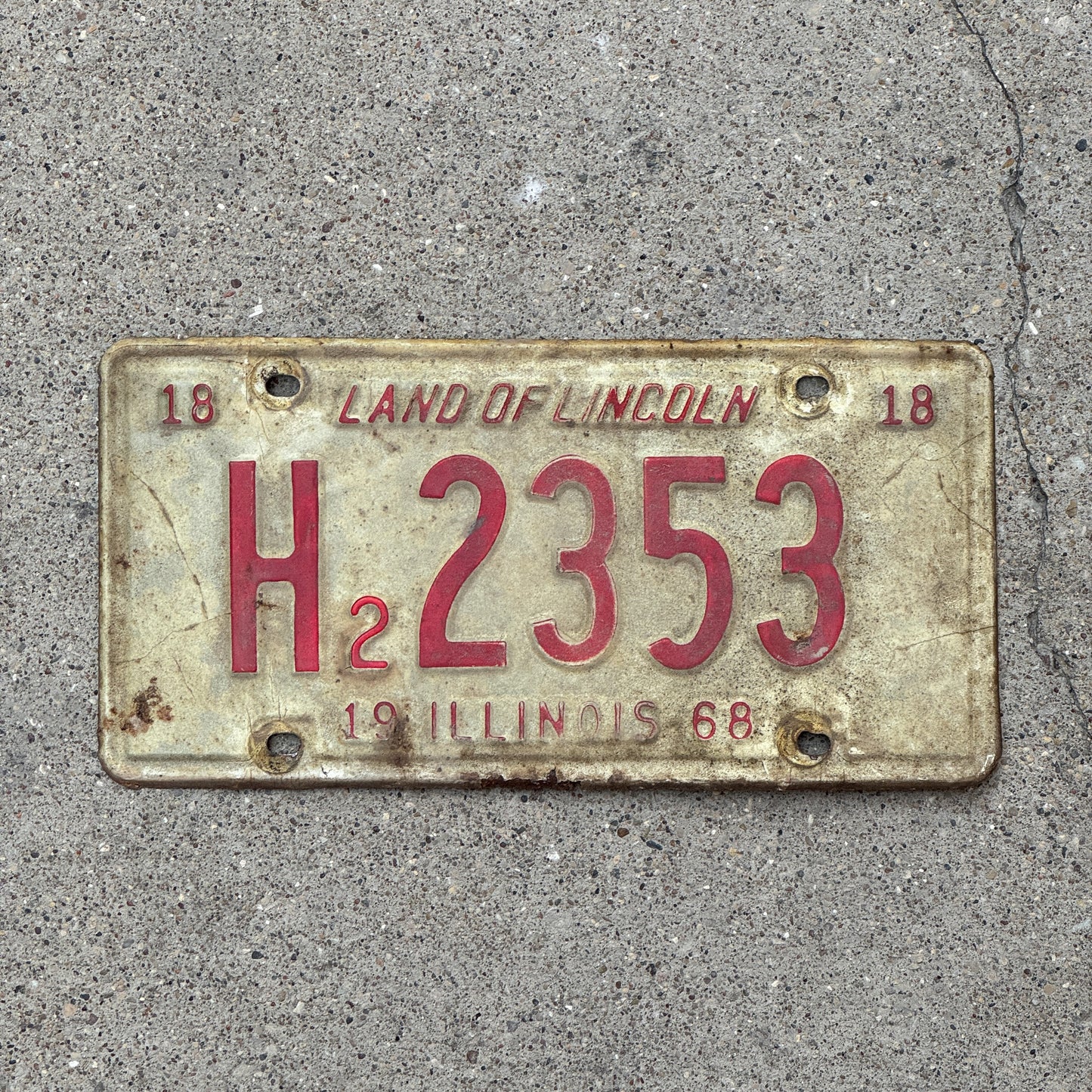 Photo of a 1968 Illinois Truck License Plate Auto Tag 1 Vintage Garage H2 2353 with original patina