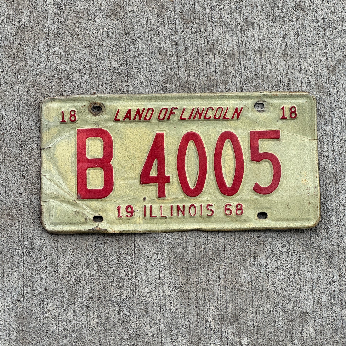Photo of a 1968 Illinois Truck License Plate Auto Tag 2 Vintage Garage B 4005 with original patina