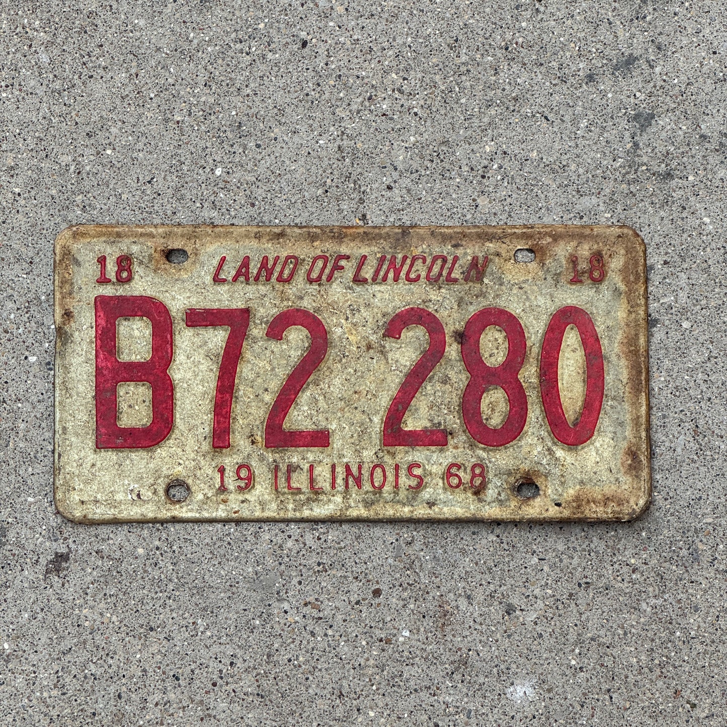 Photo of a 1968 Illinois Truck License Plate Auto Tag Garage Decor Vintage B 72 280 with original patina