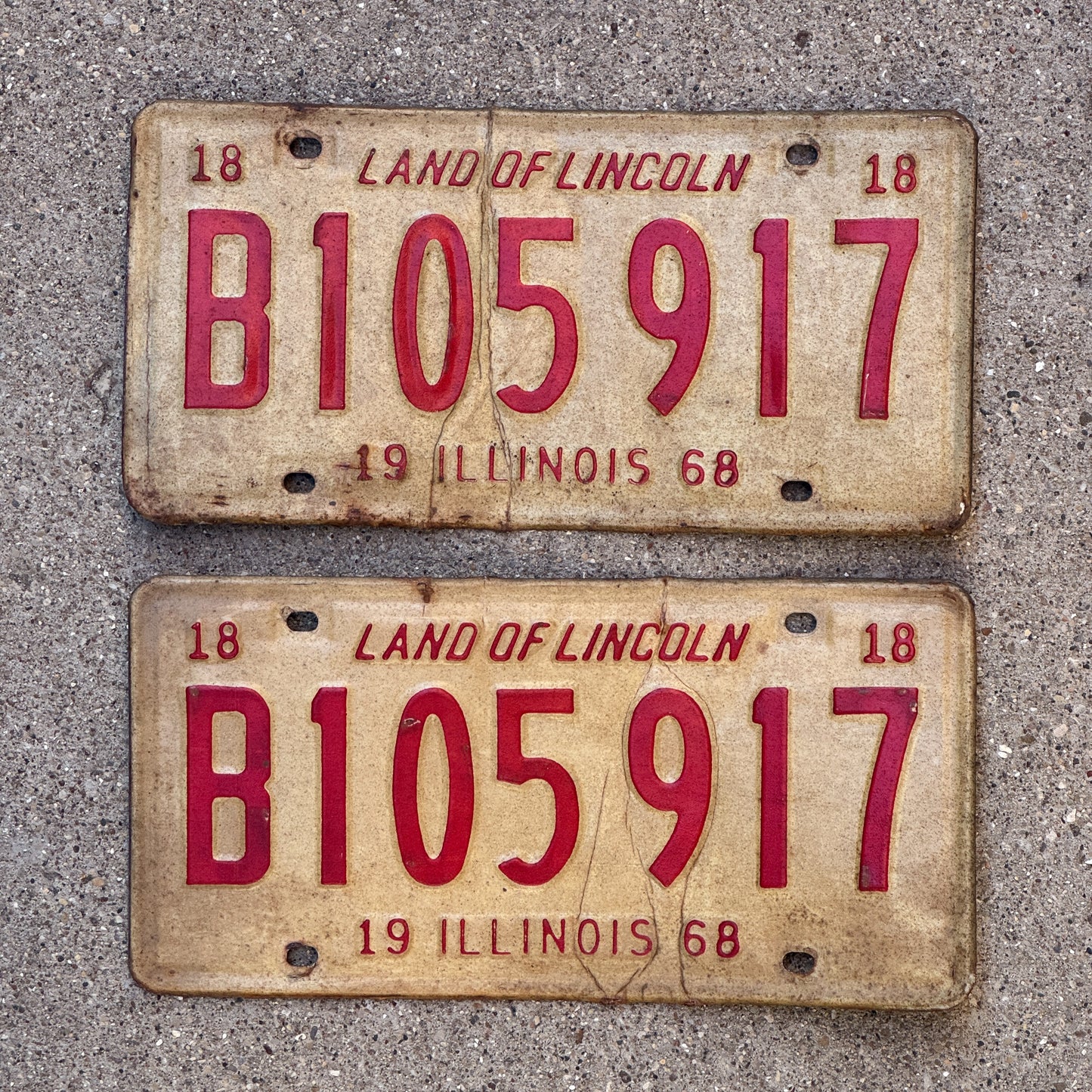 Photo of a 1968 Illinois Truck License Plate Pair Auto Tag Garage Decor Vintage B 105 917 with original patina