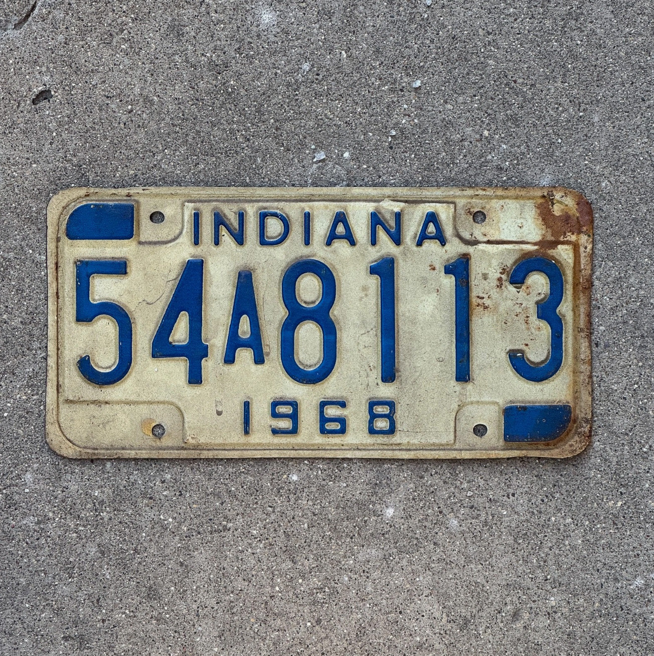Photo of a 1968 Indiana License Plate Auto Tag Garage Decor Vintage Blue 54 A 8113