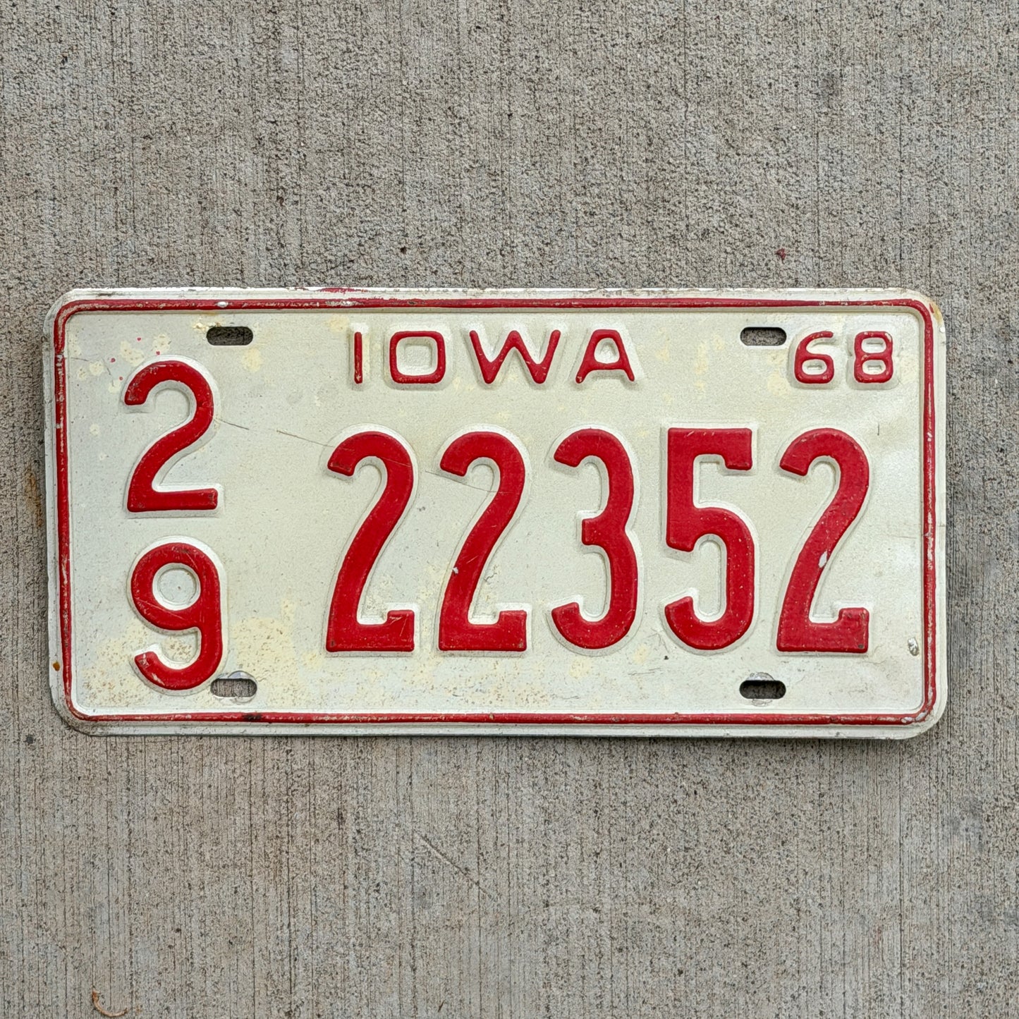 Photo of a 1968 Iowa License Plate Auto Tag Garage Decor Vintage 29 22352 with original patina