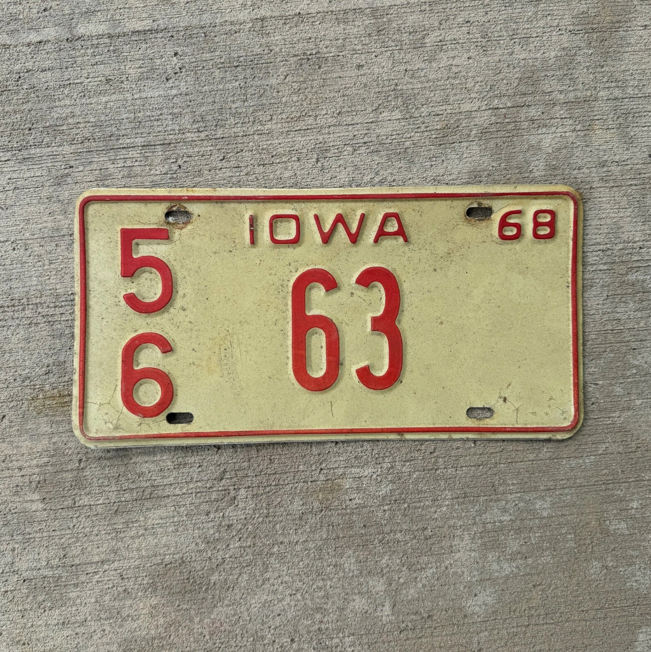 Photo of a 1968 Iowa License Plate Auto Tag Garage Decor Vintage White County 56 63