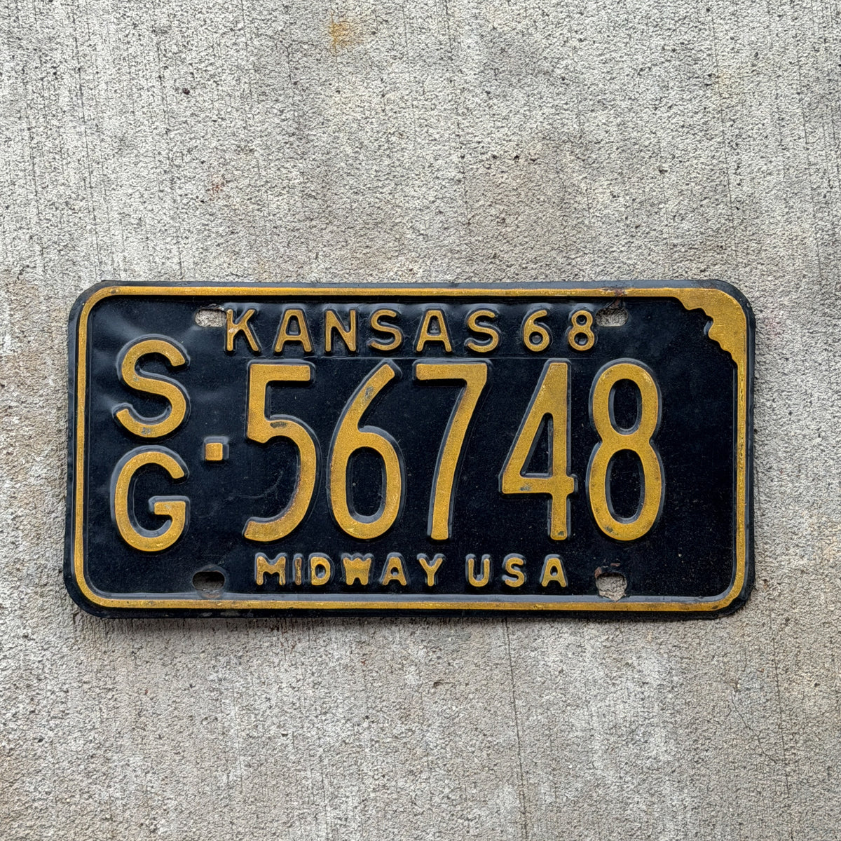 Photo of a 1968 Kansas License Plate Auto Tag Garage Decor Vintage SG 56748 with original patina