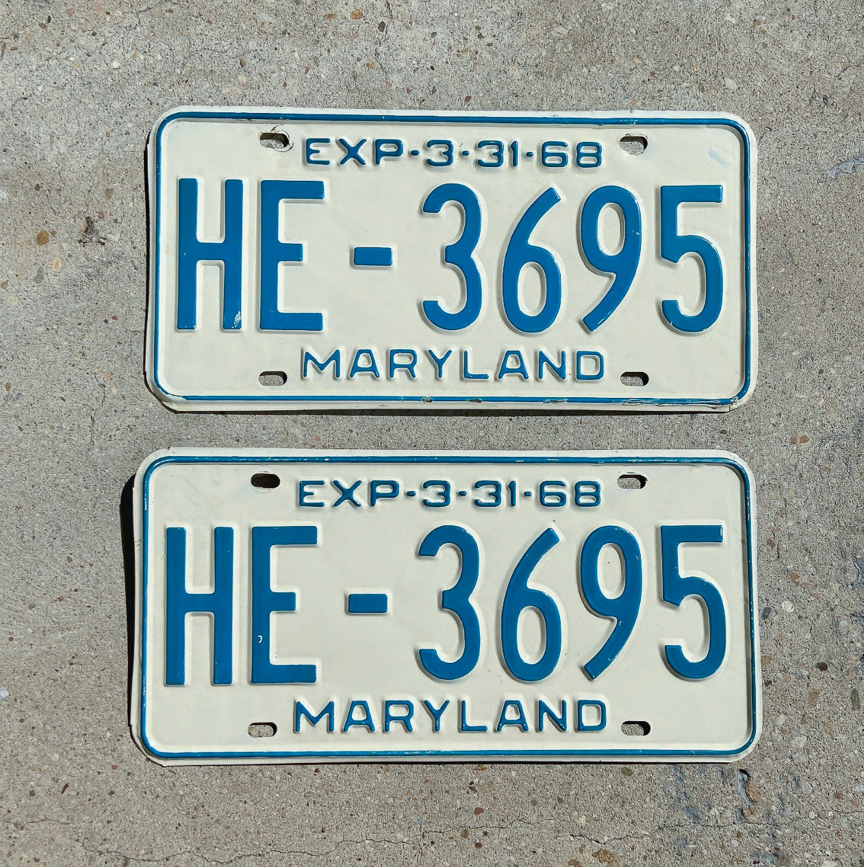 Photo of a 1968 Maryland License Plate Pair Auto Tag Garage Decor Vintage HE 3695 with original patina