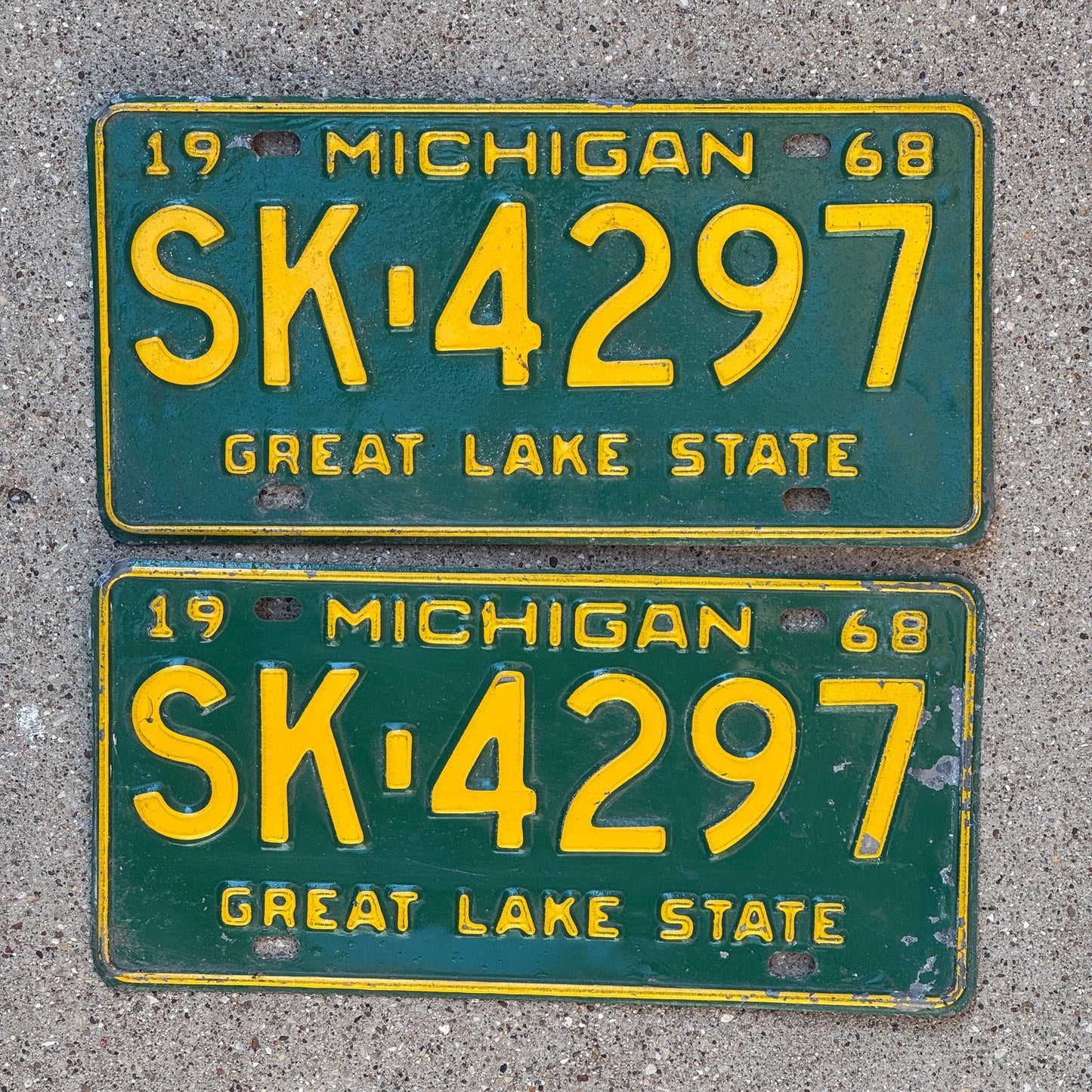 Photo of a 1968 Michigan License Plate Pair Auto Tag Garage Decor Vintage SK 4297
