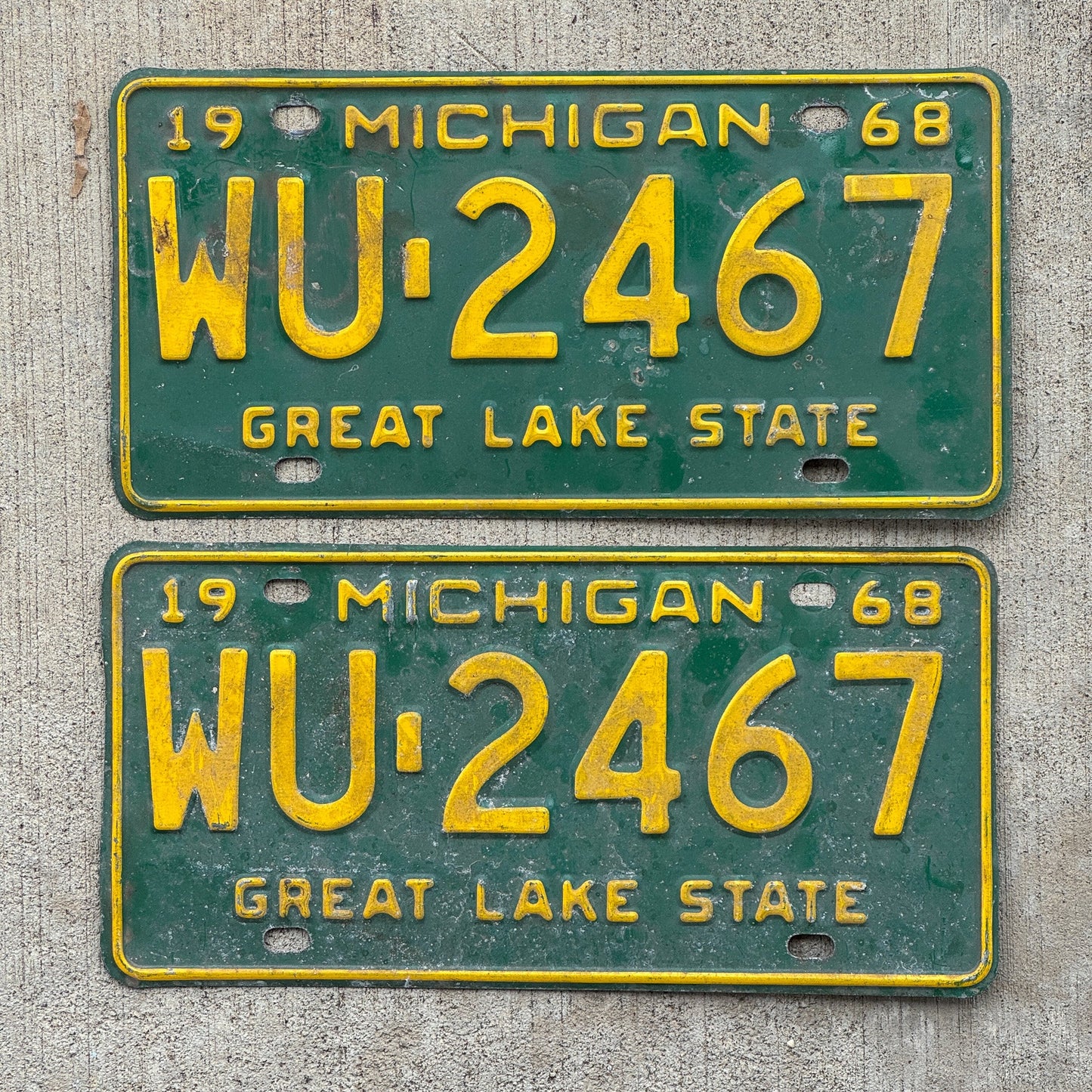 Photo of a 1968 Michigan License Plate Pair Auto Tag Garage Decor Vintage WU 2467