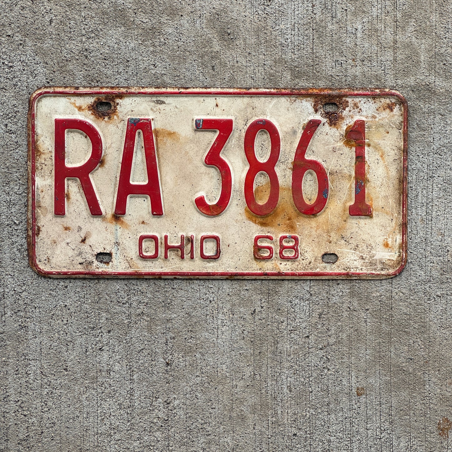 Photo of a 1968 Ohio License Plate Auto Tag Garage Decor Vintage RA 3861 with original patina