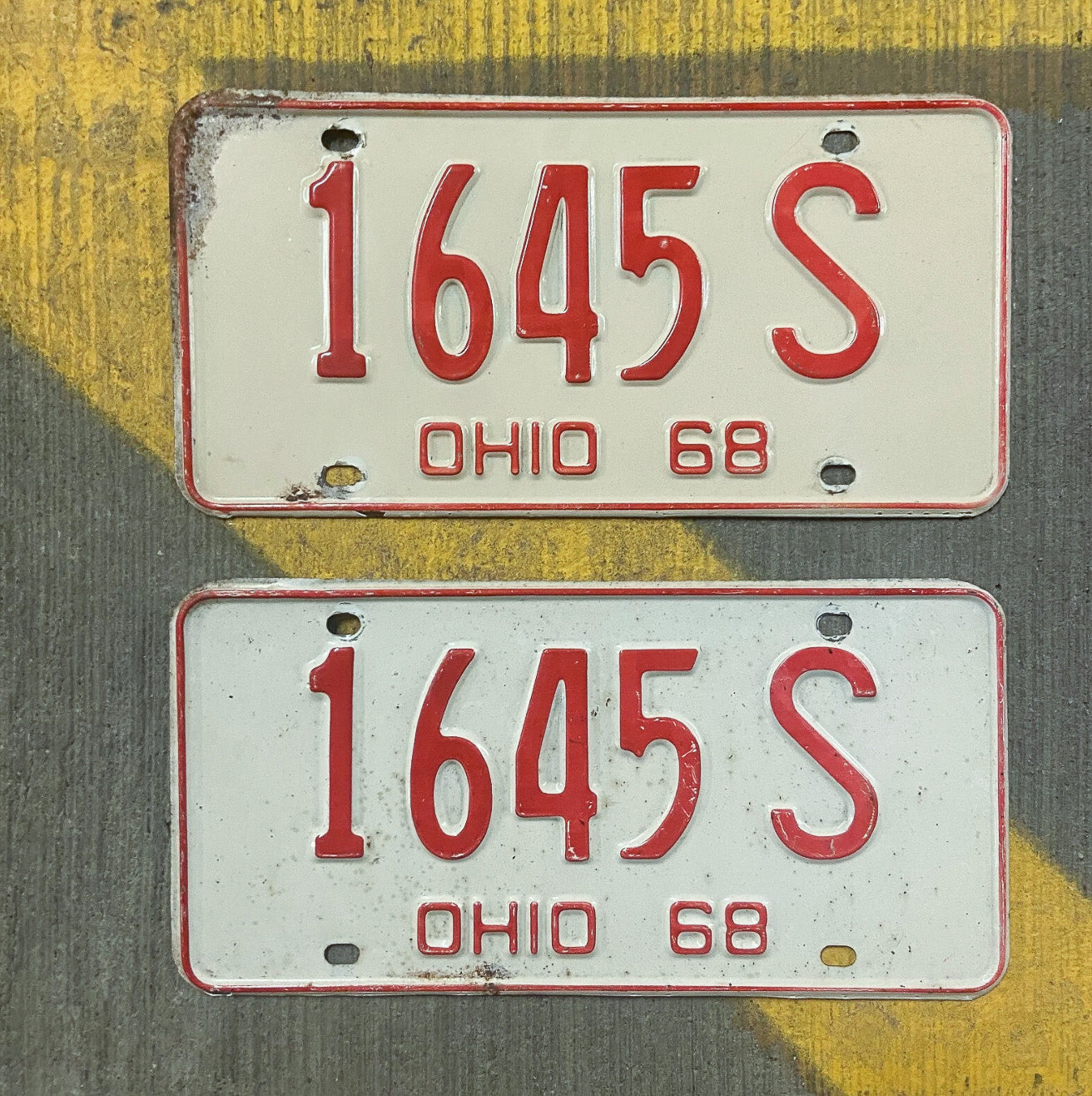 Photo of a 1968 Ohio License Plate Pair Auto Tag Garage Decor Vintage 1645 S with original patina