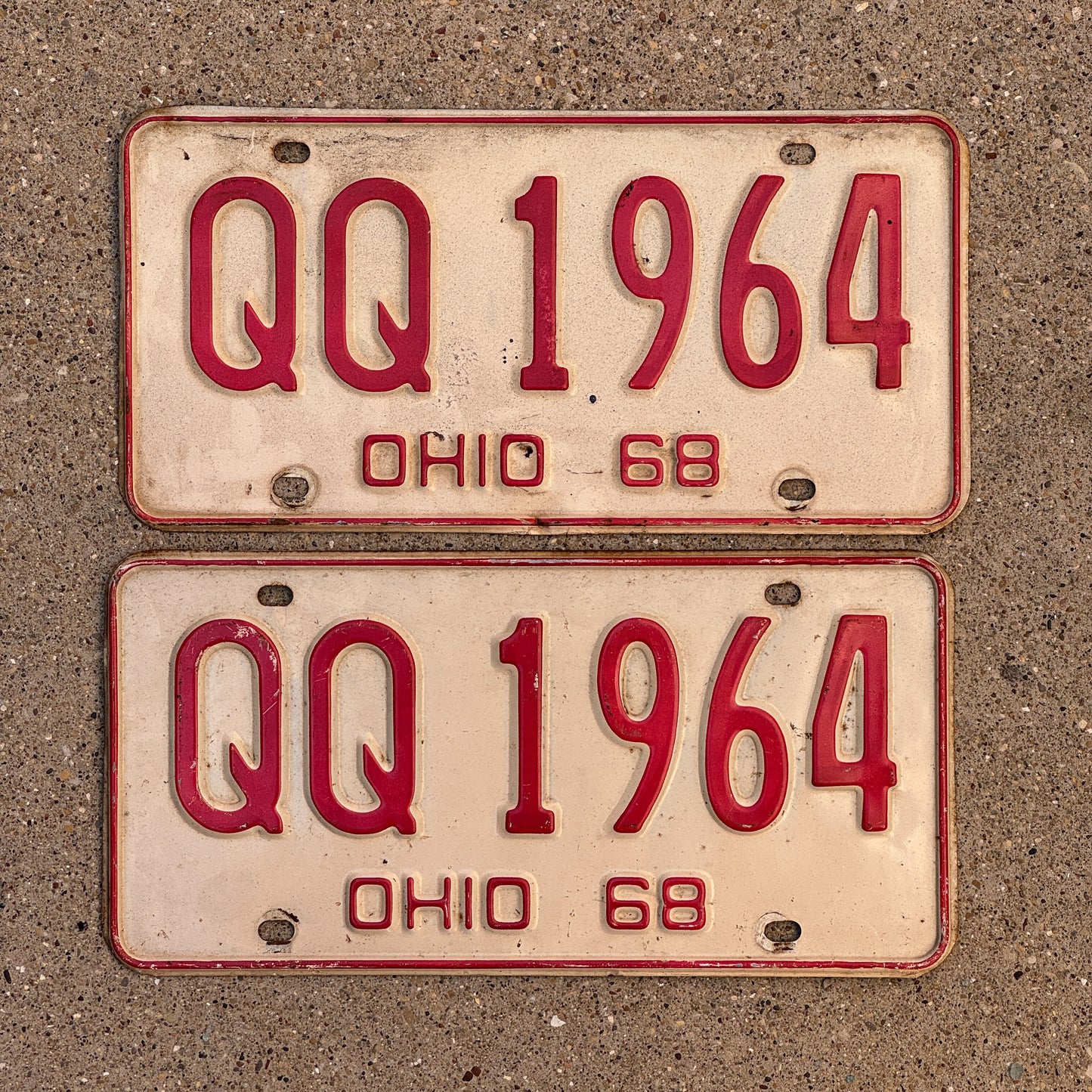 Photo of a 1968 Ohio License Plate Pair Auto Tag Garage Decor Vintage Birth Year QQ 1964 with original patina