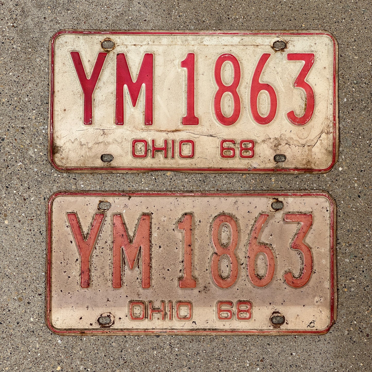 Photo of a 1968 Ohio License Plate Pair Auto Tag Garage Decor Vintage YM 1863 with original patina