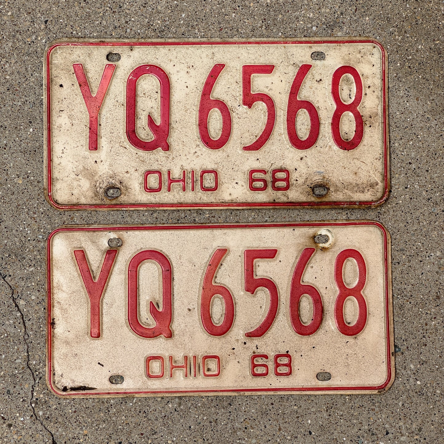 Photo of a 1968 Ohio License Plate Pair Auto Tag Garage Decor Vintage YQ 6568 with original patina