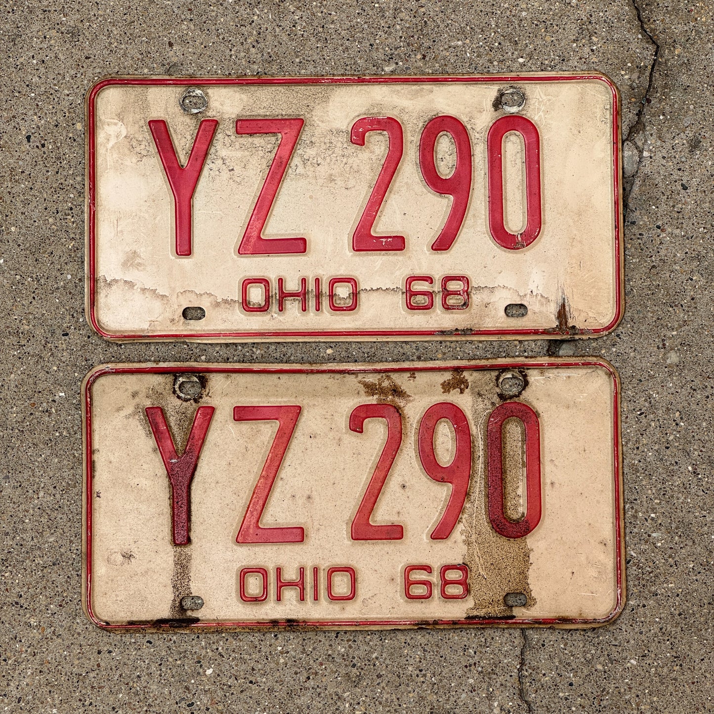 Photo of a 1968 Ohio License Plate Pair Auto Tag Garage Decor Vintage YZ 290 with original patina