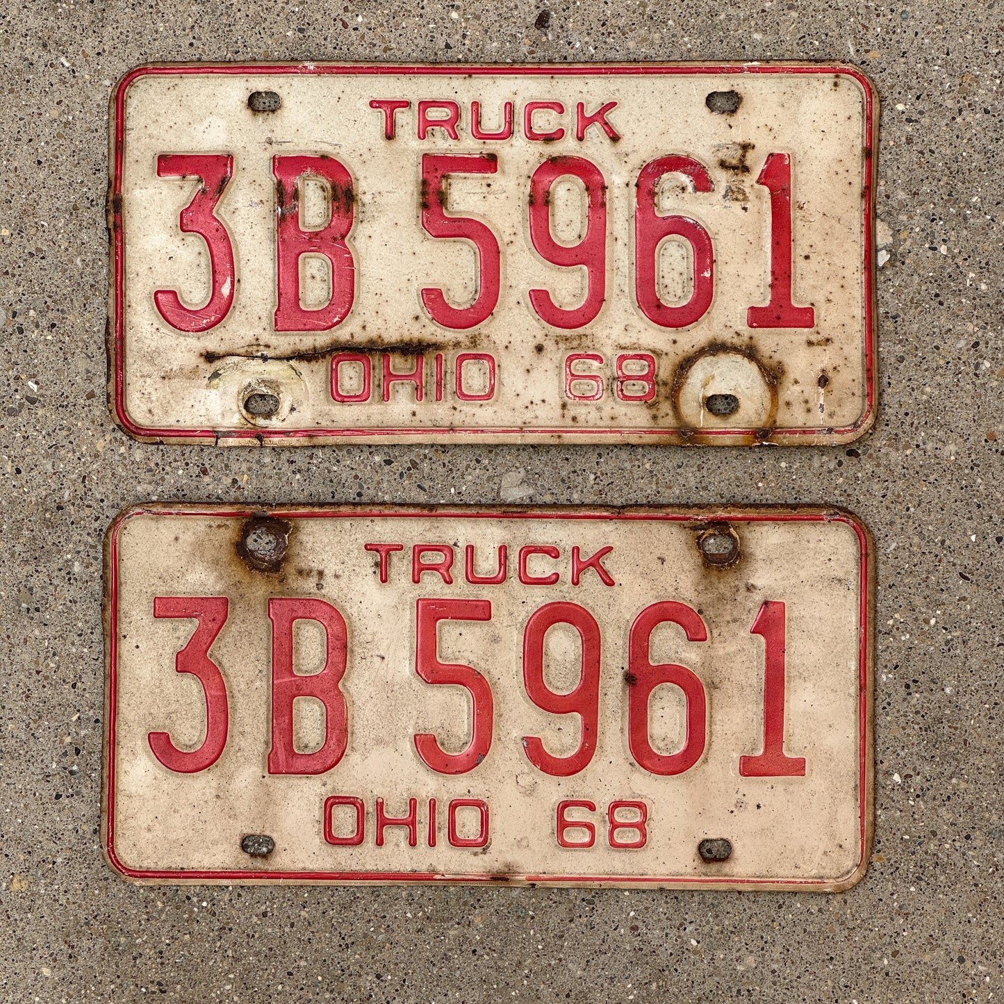 Photo of a 1968 Ohio Truck License Plate Pair Auto Tag Garage Decor Vintage 3 B 5961 with original patina