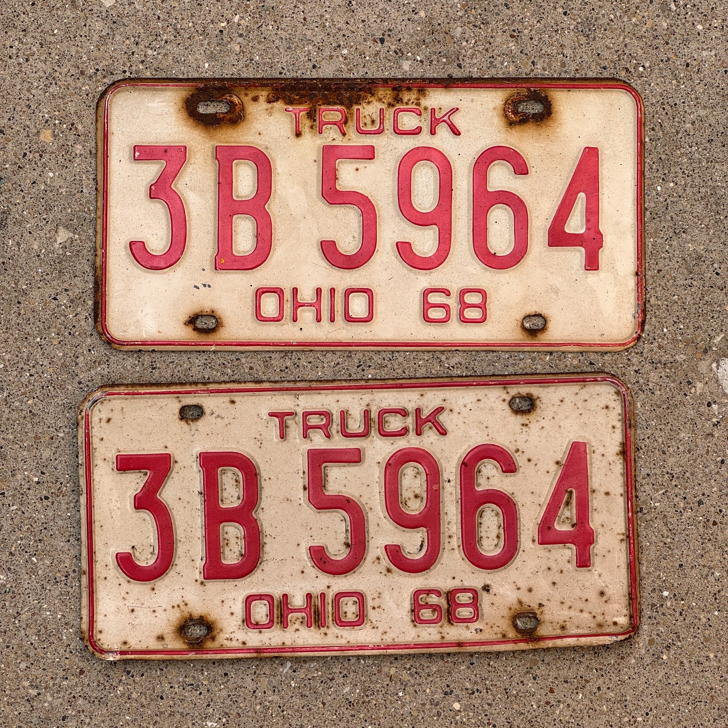 Photo of a 1968 Ohio Truck License Plate Pair Auto Tag Garage Decor Vintage 3 B 5964 with original patina