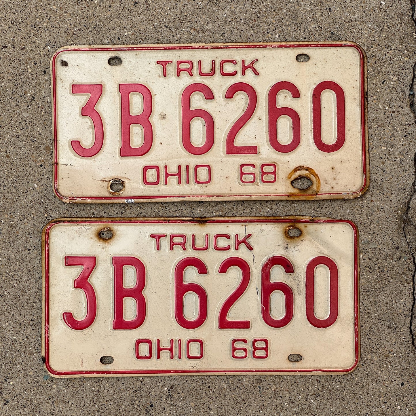 Photo of a 1968 Ohio Truck License Plate Pair Auto Tag Garage Decor Vintage 3 B 6260 with original patina