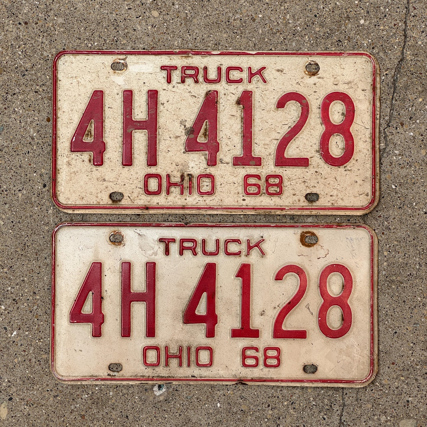Photo of a 1968 Ohio Truck License Plate Pair Auto Tag Garage Decor Vintage 4 H 4128 with original patina