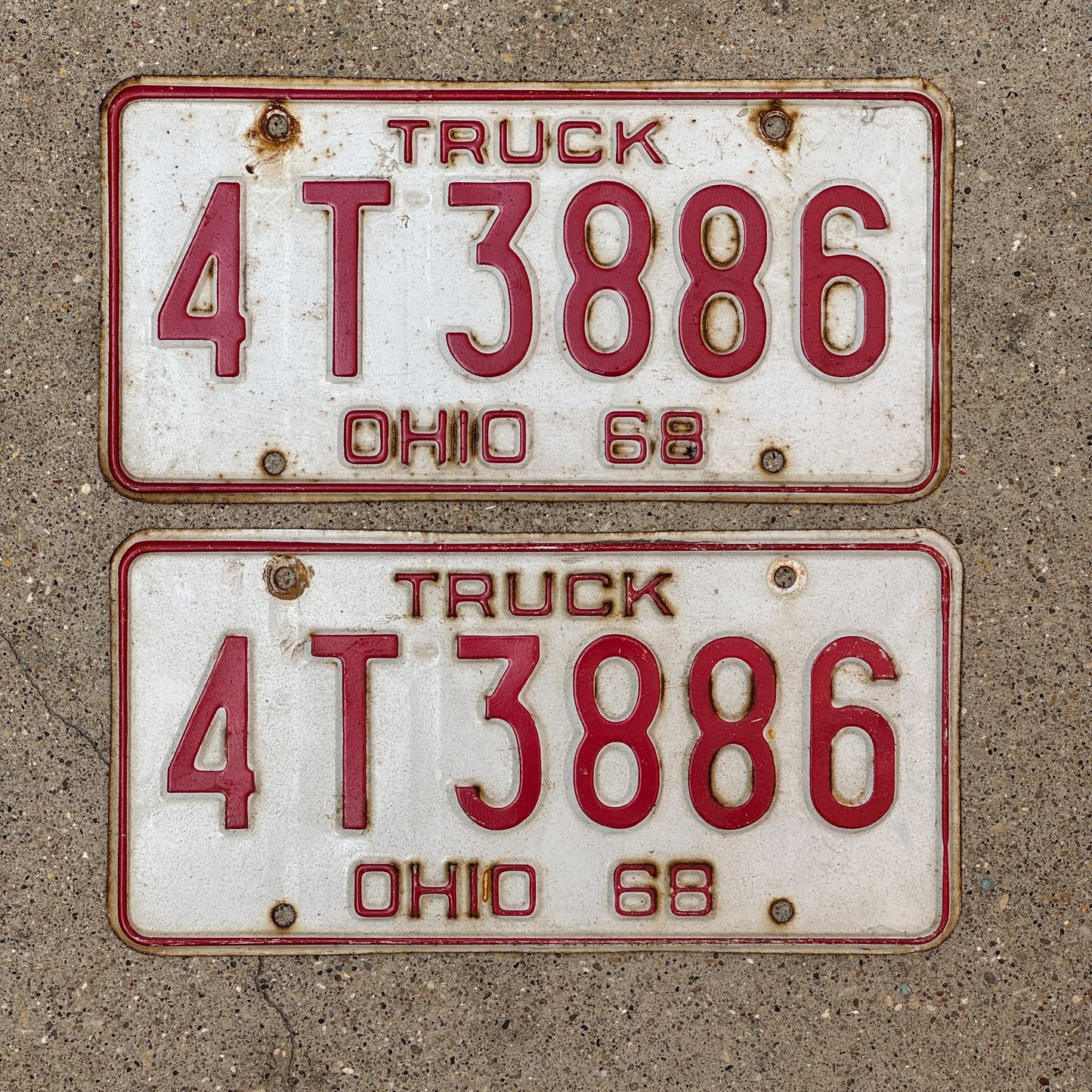 Photo of a 1968 Ohio Truck License Plate Pair Auto Tag Garage Decor Vintage 4 T 3886 with original patina