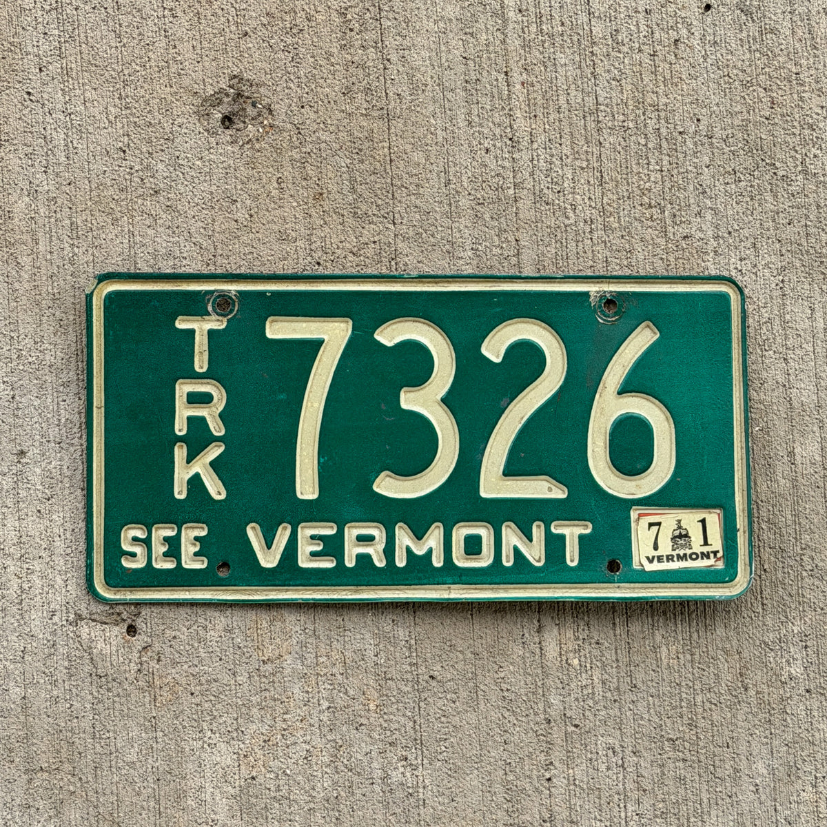 Photo of a 1969 1971 Vermont Truck License Plate Auto Tag Garage Decor Vintage 7326 with original patina