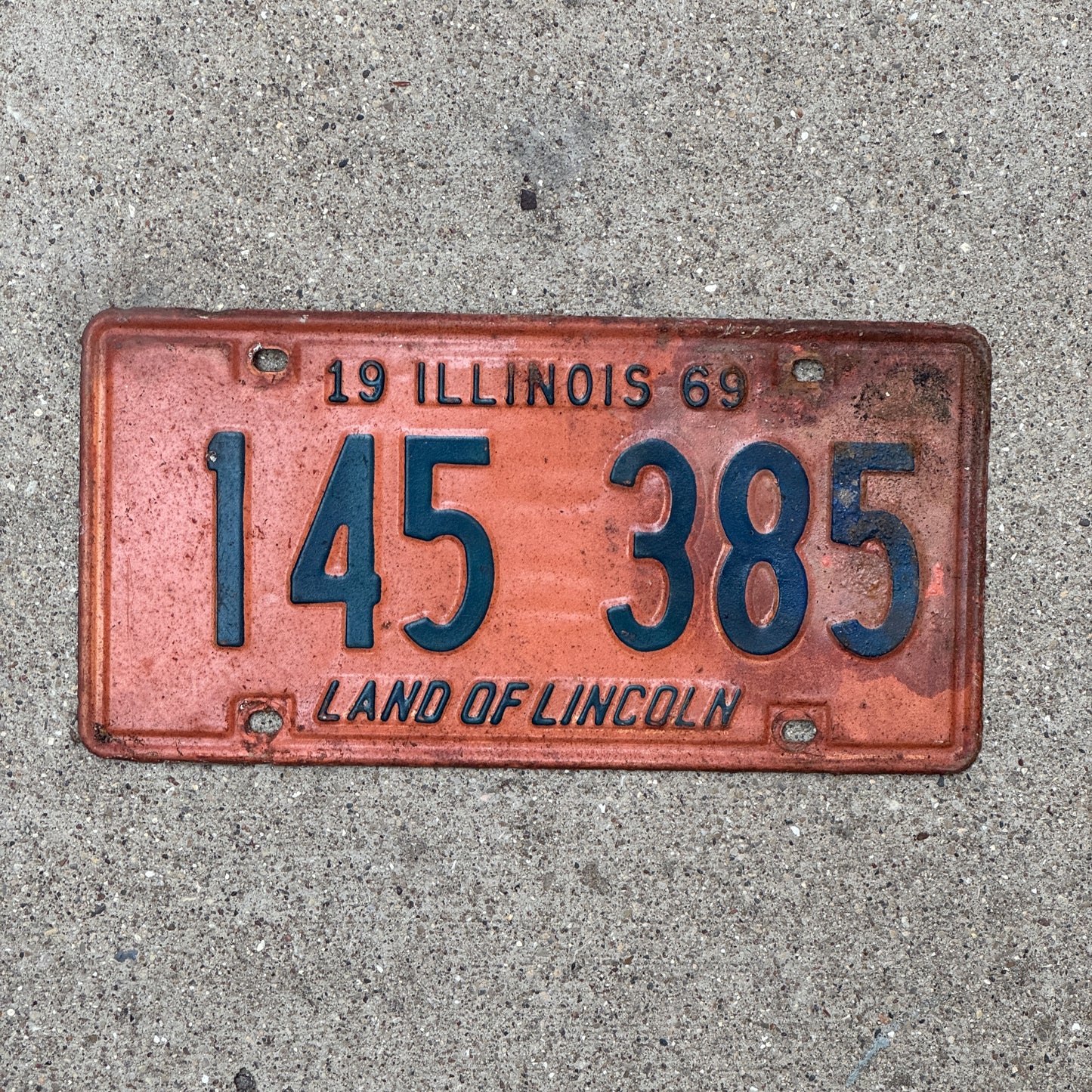 Photo of a 1969 Illinois License Plate Auto Tag Garage Decor Vintage 145 385 with original patina
