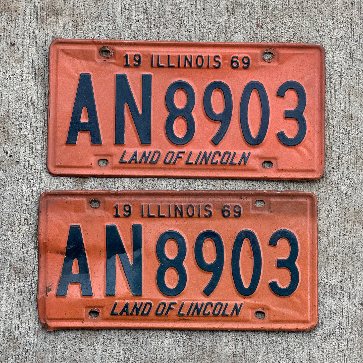 Photo of a 1969 Illinois License Plate Pair Auto Tag Garage Decor Vintage AN 8903 with original patina