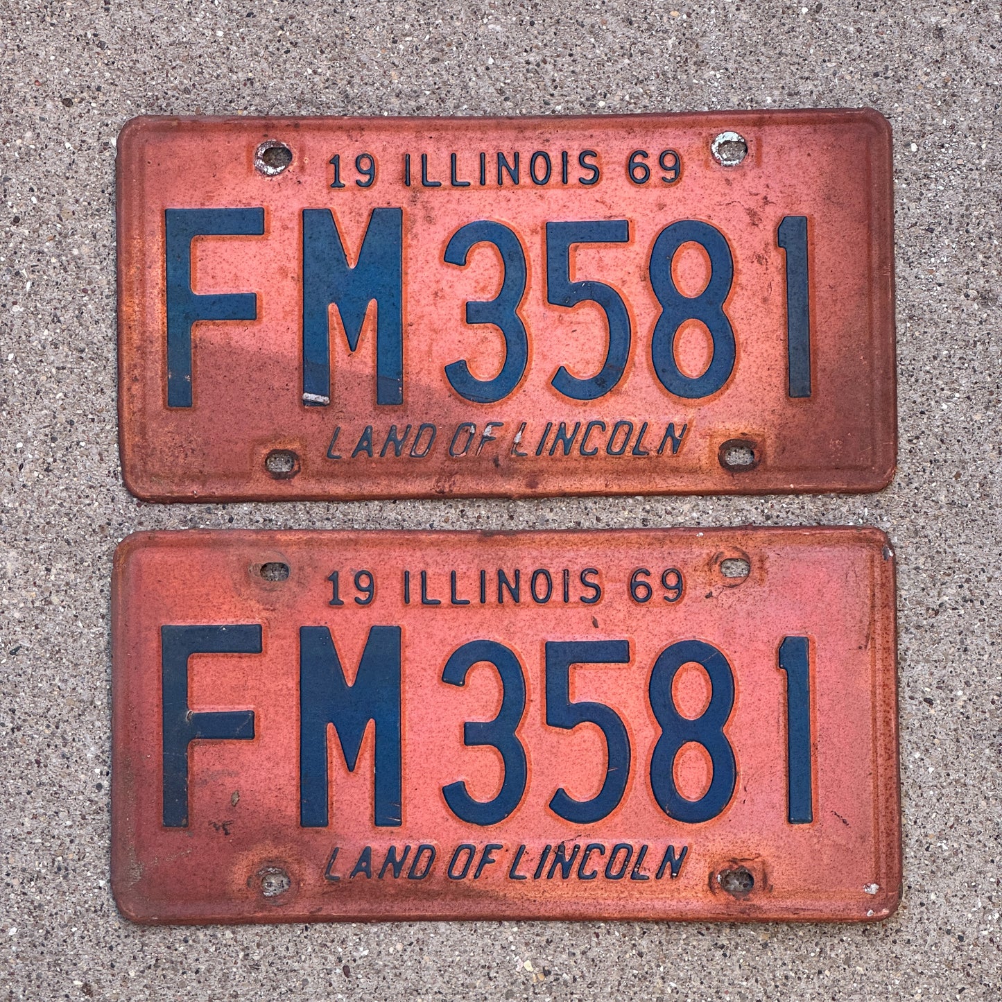 Photo of a 1969 Illinois License Plate Pair Auto Tag Garage Decor Vintage FM 3581 with original patina