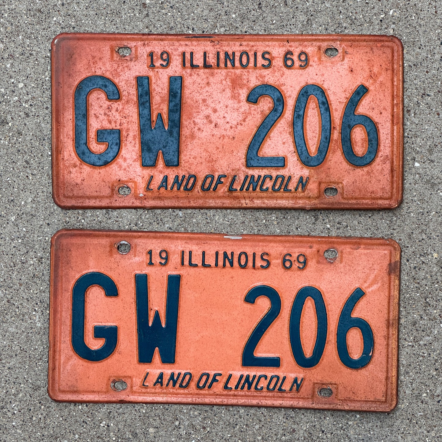 Photo of a 1969 Illinois License Plate Pair Auto Tag Garage Decor Vintage GW 206 with original patina