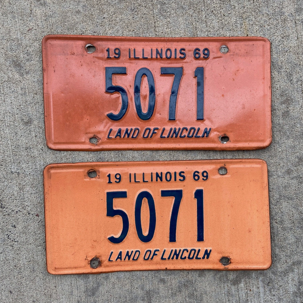 Photo of a 1969 Illinois License Plate Pair Auto Tag Garage Decor Vintage Low Number Four Digit 5071 with original patina